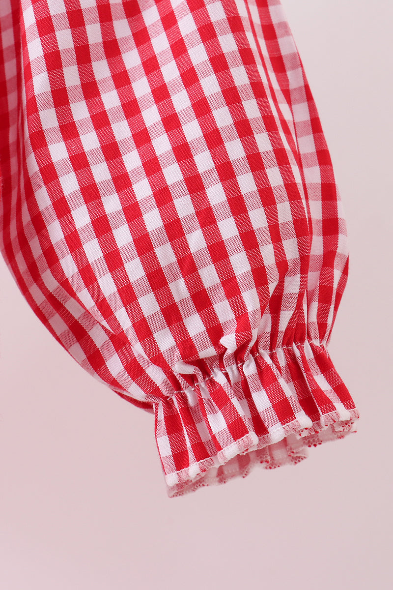 Red woven Christmas tree reindeer smocked romper