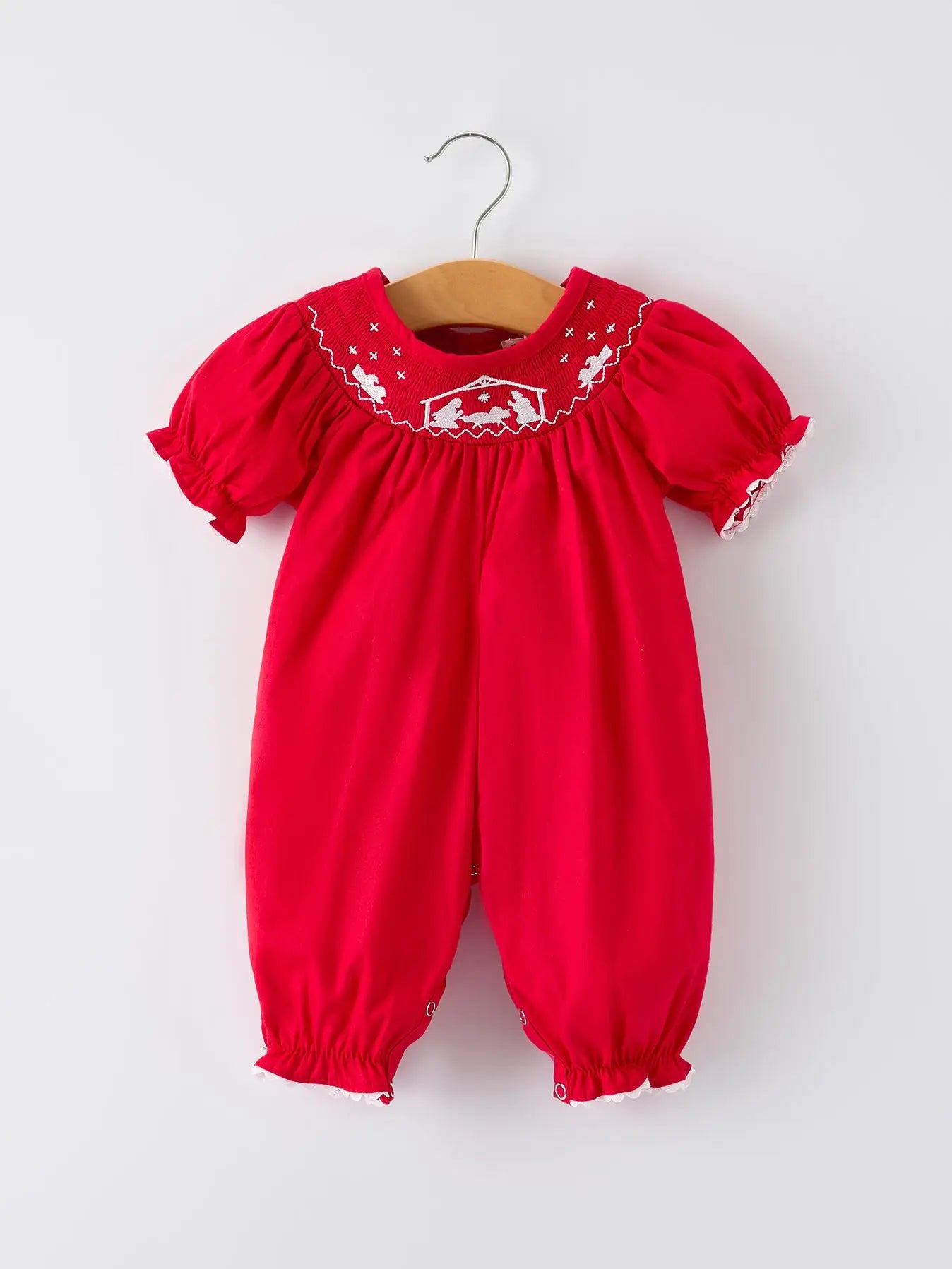 Red Christmas Baby Girls Romper: Nativity Embroidery