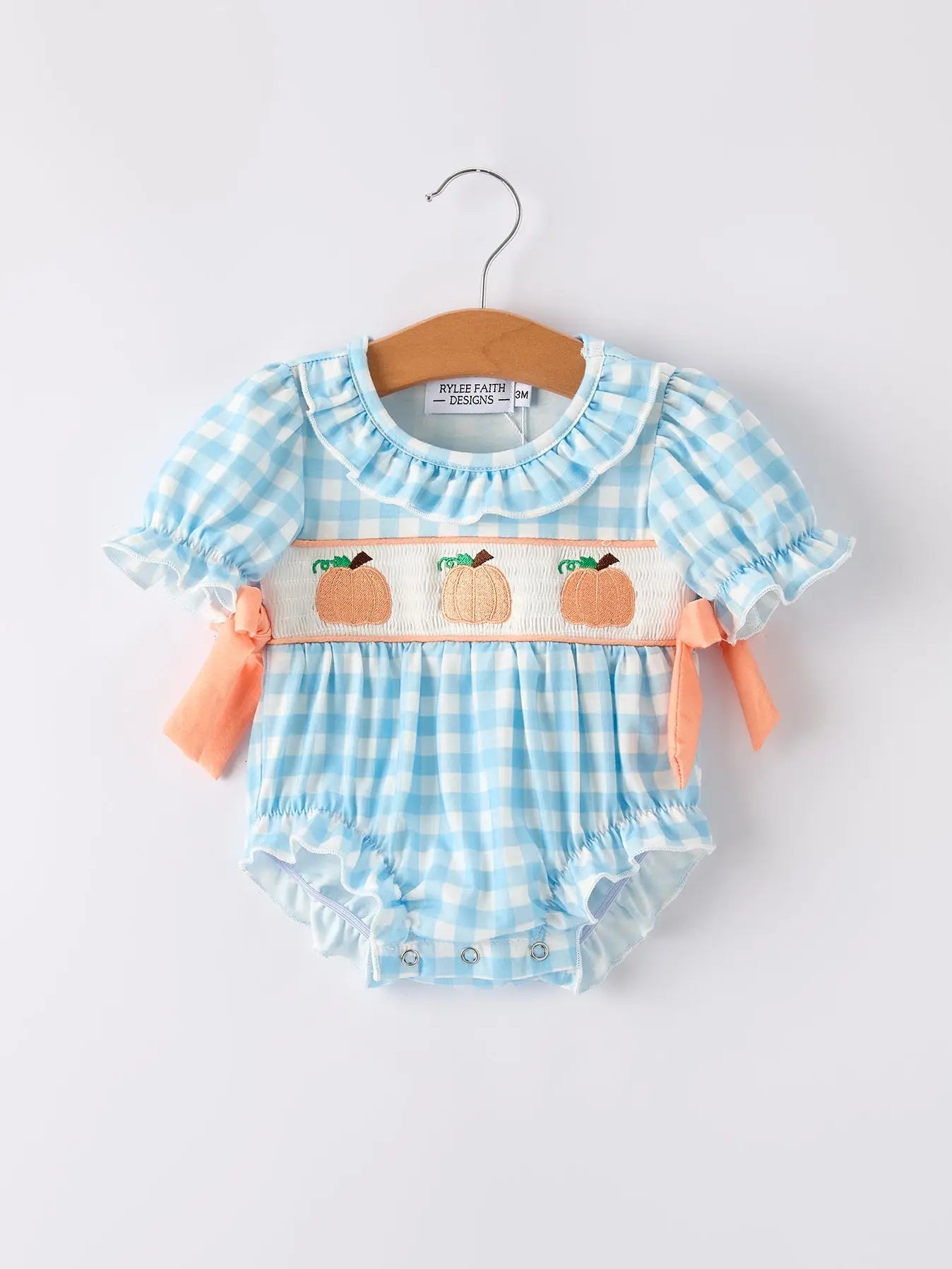 Pumpkin Embroidery Smocking Blue Plaid Romper
