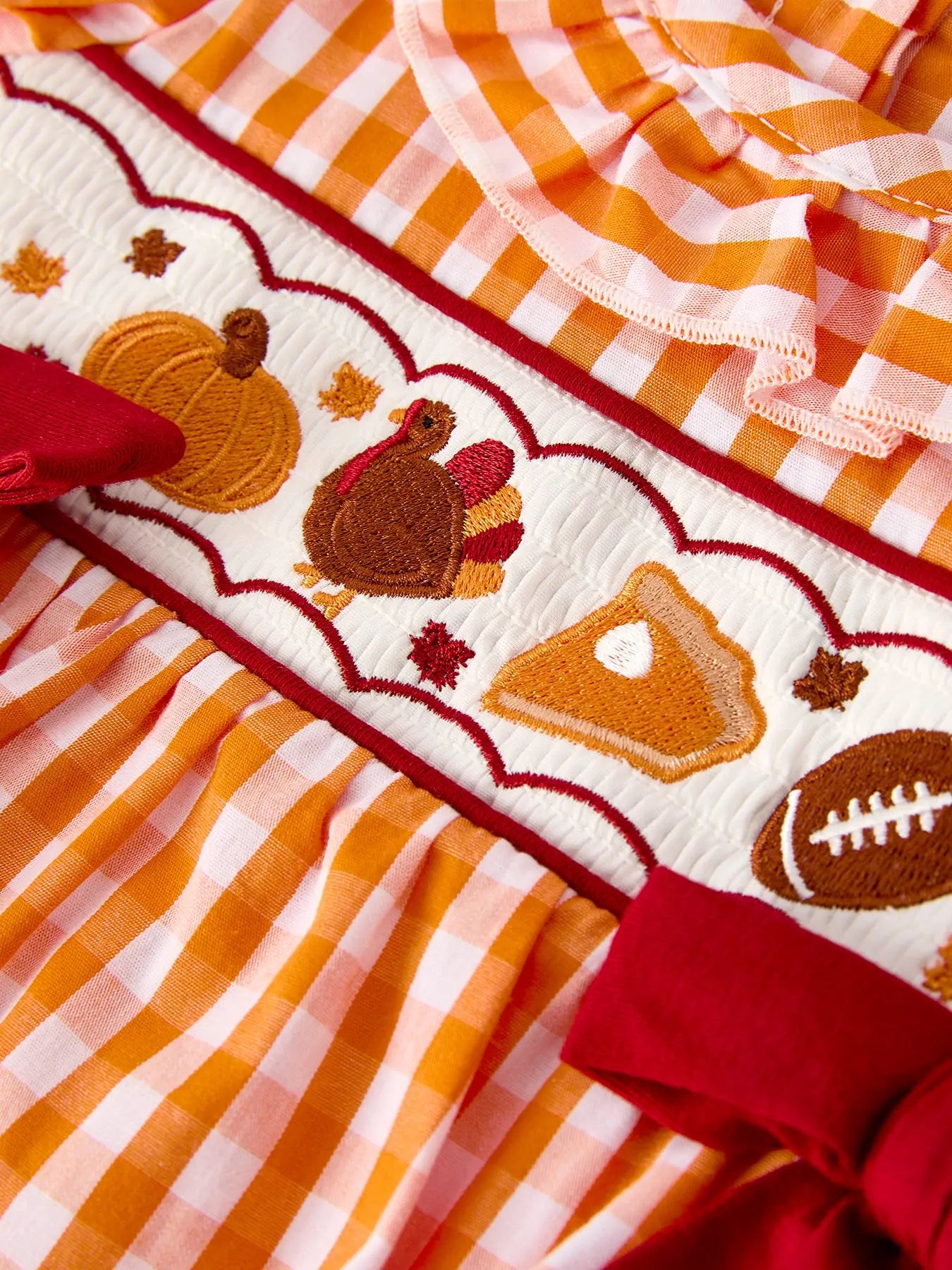 Fall Embroidered Romper For Baby Girls – Orange Checkered with Thanksgiving Details