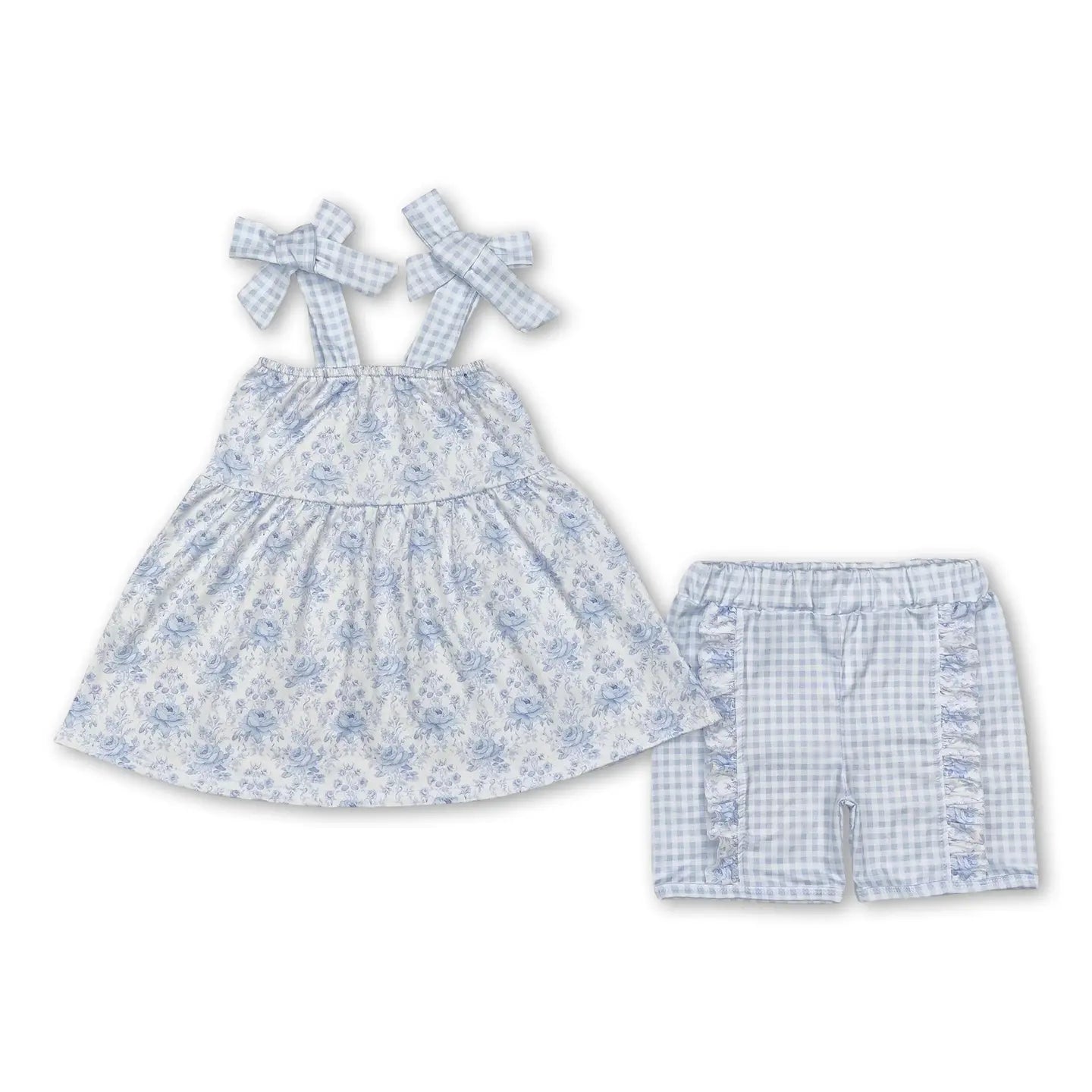 Light Blue Plaid Straps Floral Tunic Shorts Girls Clothes