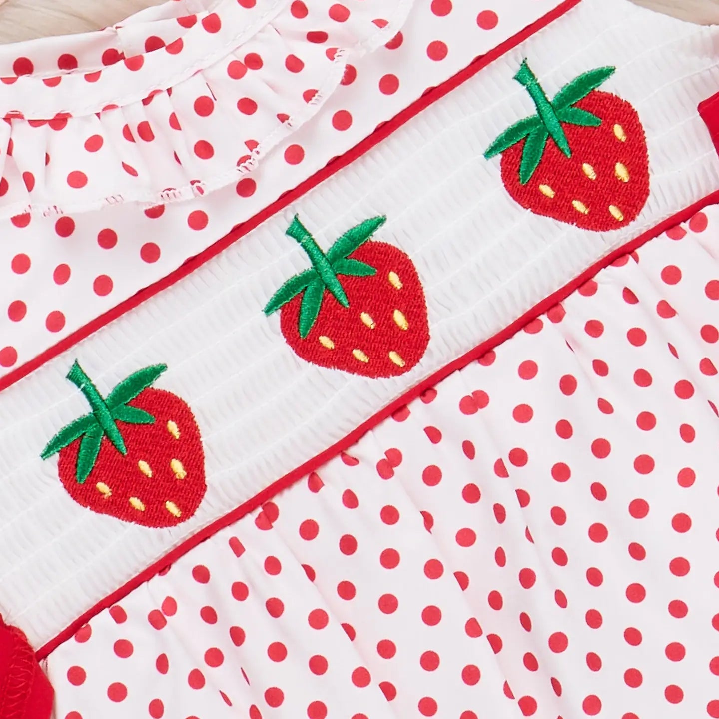 Polka Dot Strawberry Smocked Bubble