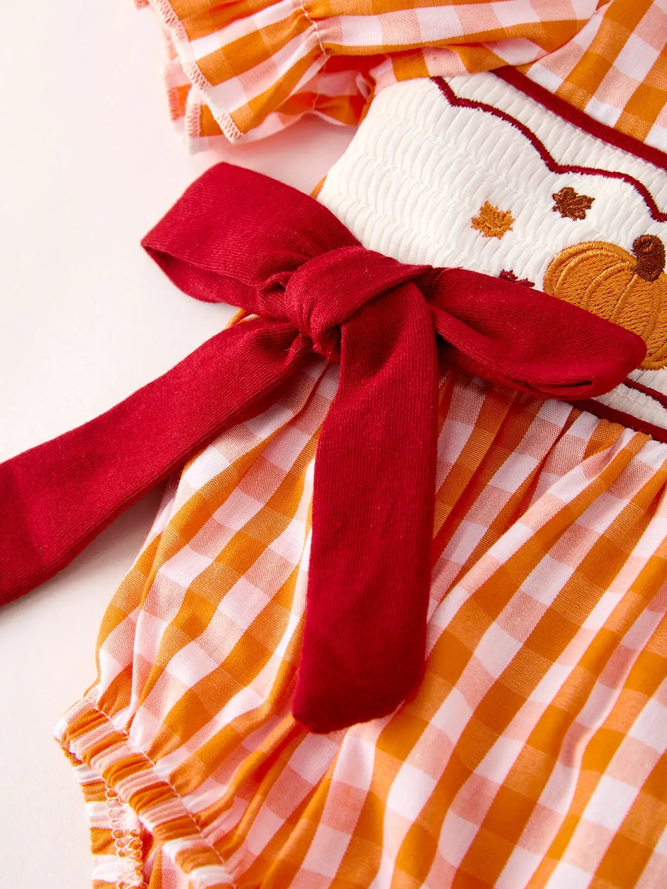 Fall Embroidered Romper For Baby Girls – Orange Checkered with Thanksgiving Details