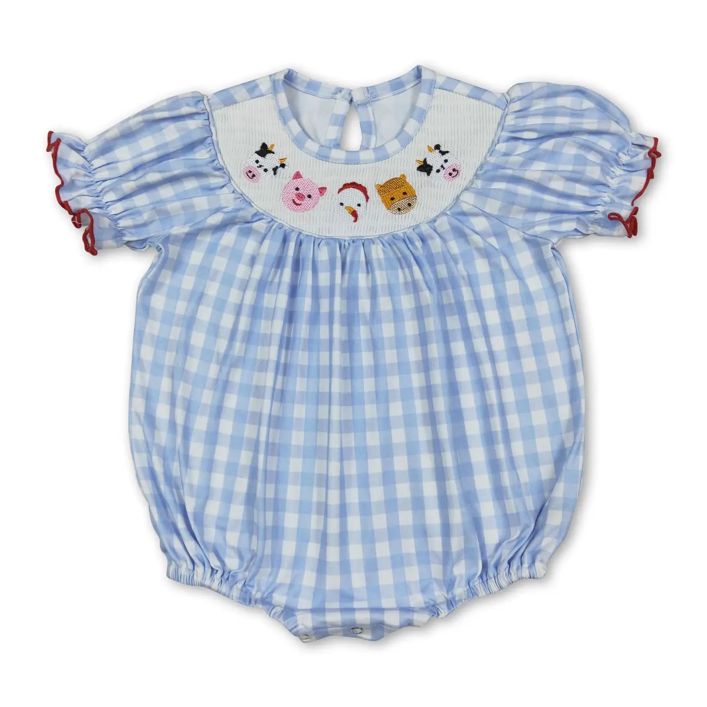 Short Sleeves Blue Plaid Cow Pig Chicken Baby Girls Romper