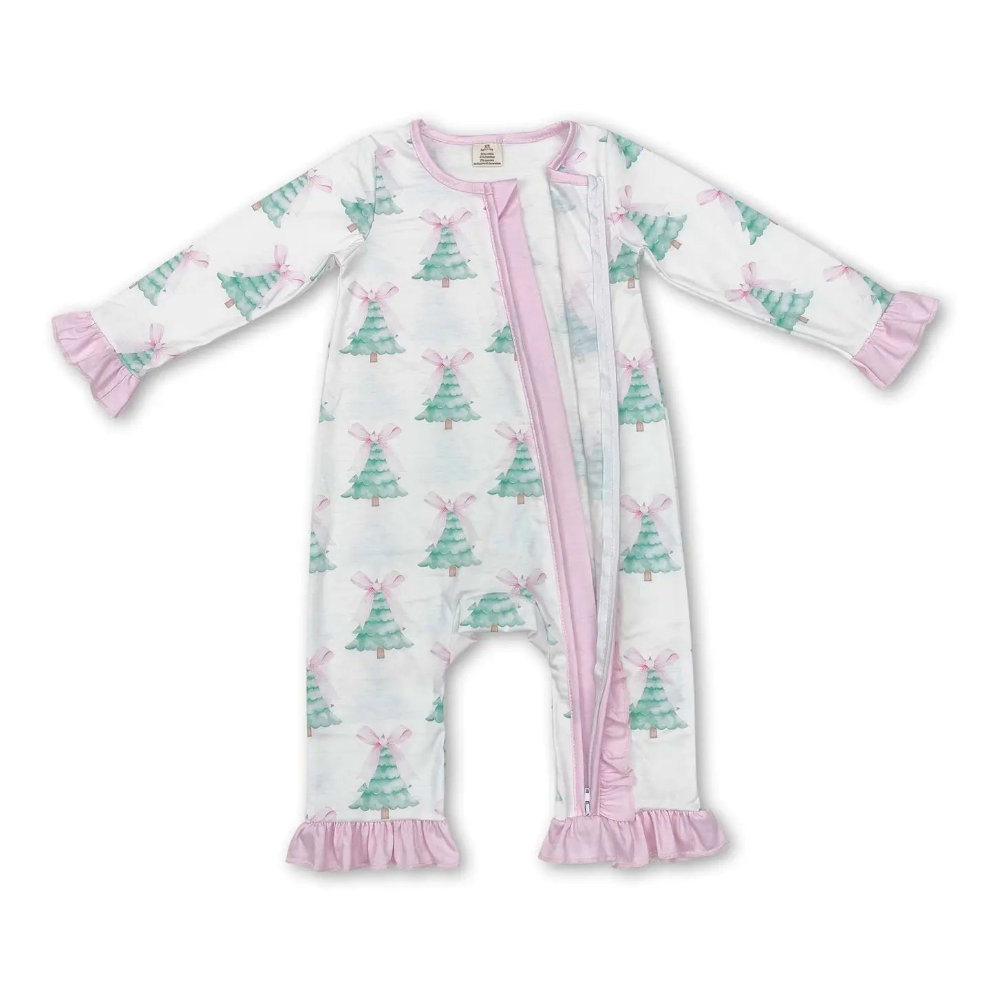 Pink Bow Christmas Tree Baby Girls Bamboo Zipper Romper