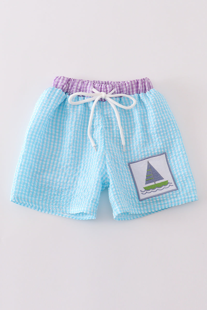 Seersucker Sailboat Swim Trunks