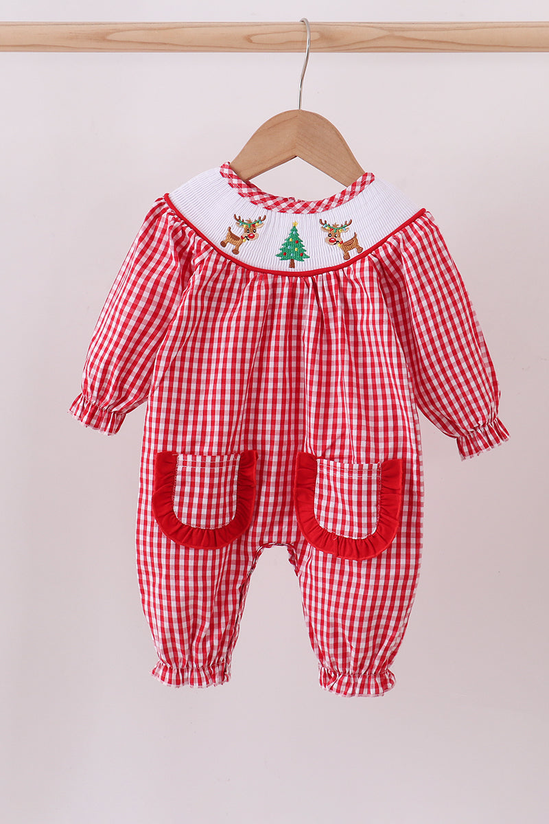 Red woven Christmas  tree reindeer smocked romper