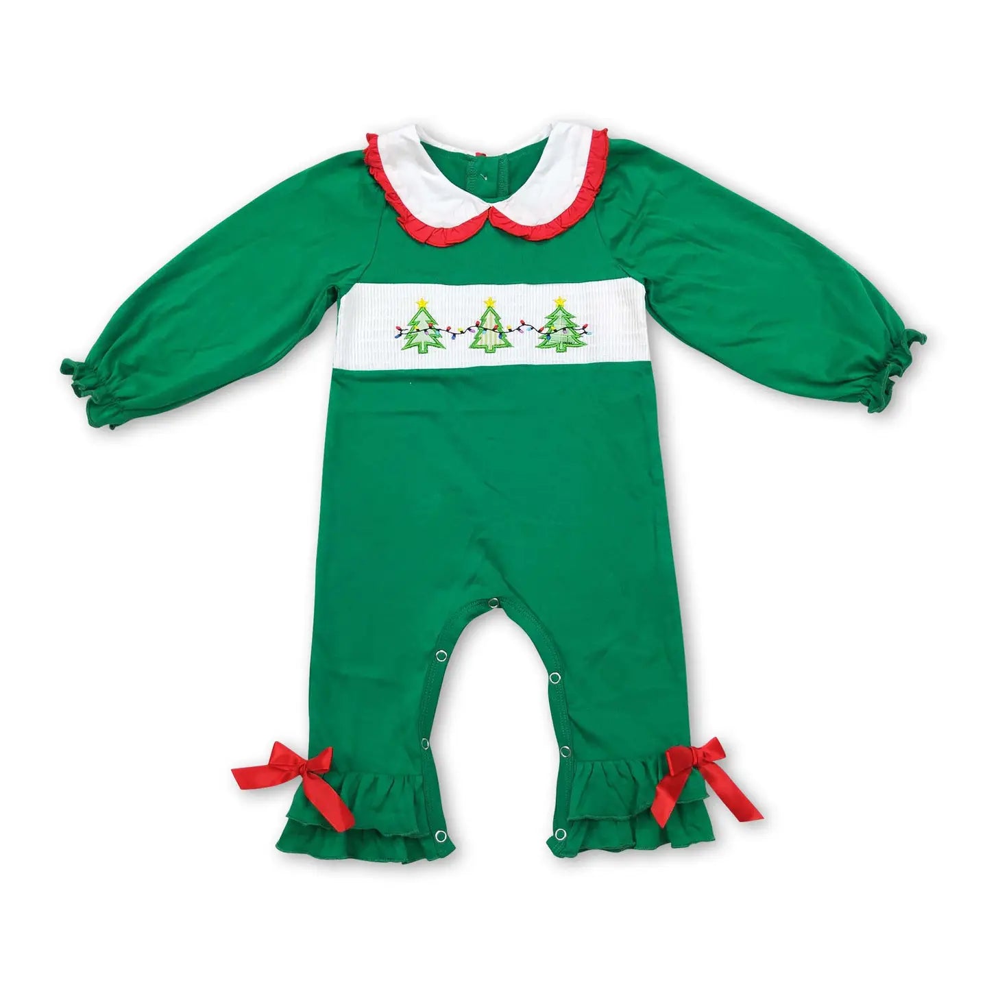 Green Smocked Christmas Tree Baby Girls Romper