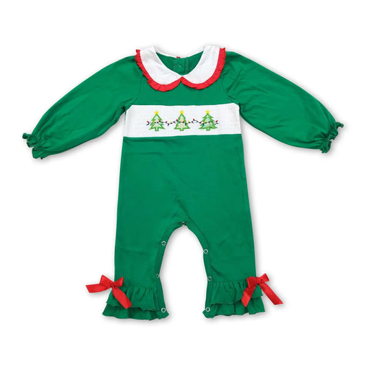 Green Smocked Christmas Tree Baby Girls Romper