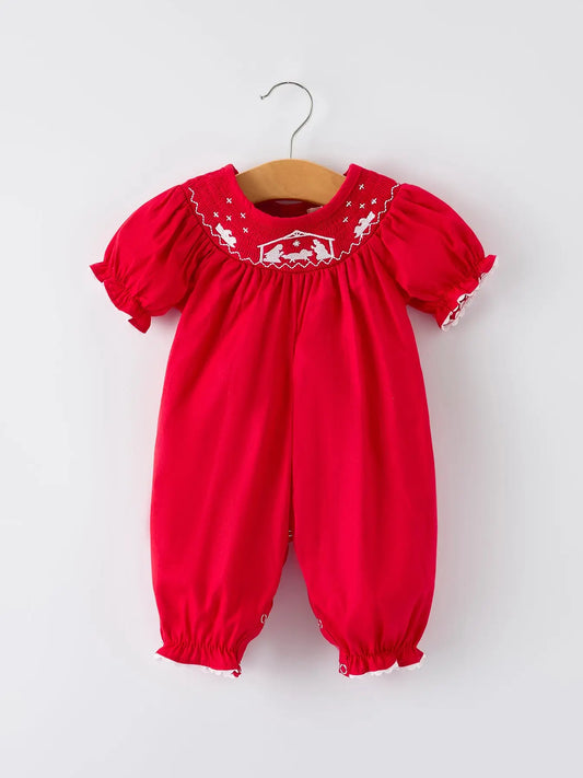 Red Christmas Baby Girls Romper: Nativity Embroidery