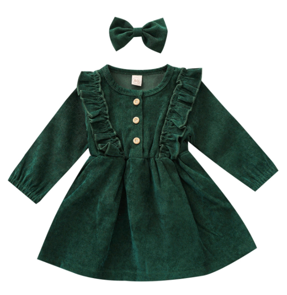 Buttons Ruffle Corduroy Girl Dress & Bow Hair Clip