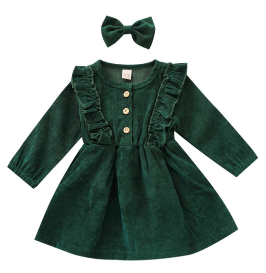 Buttons Ruffle Corduroy Girl Dress & Bow Hair Clip