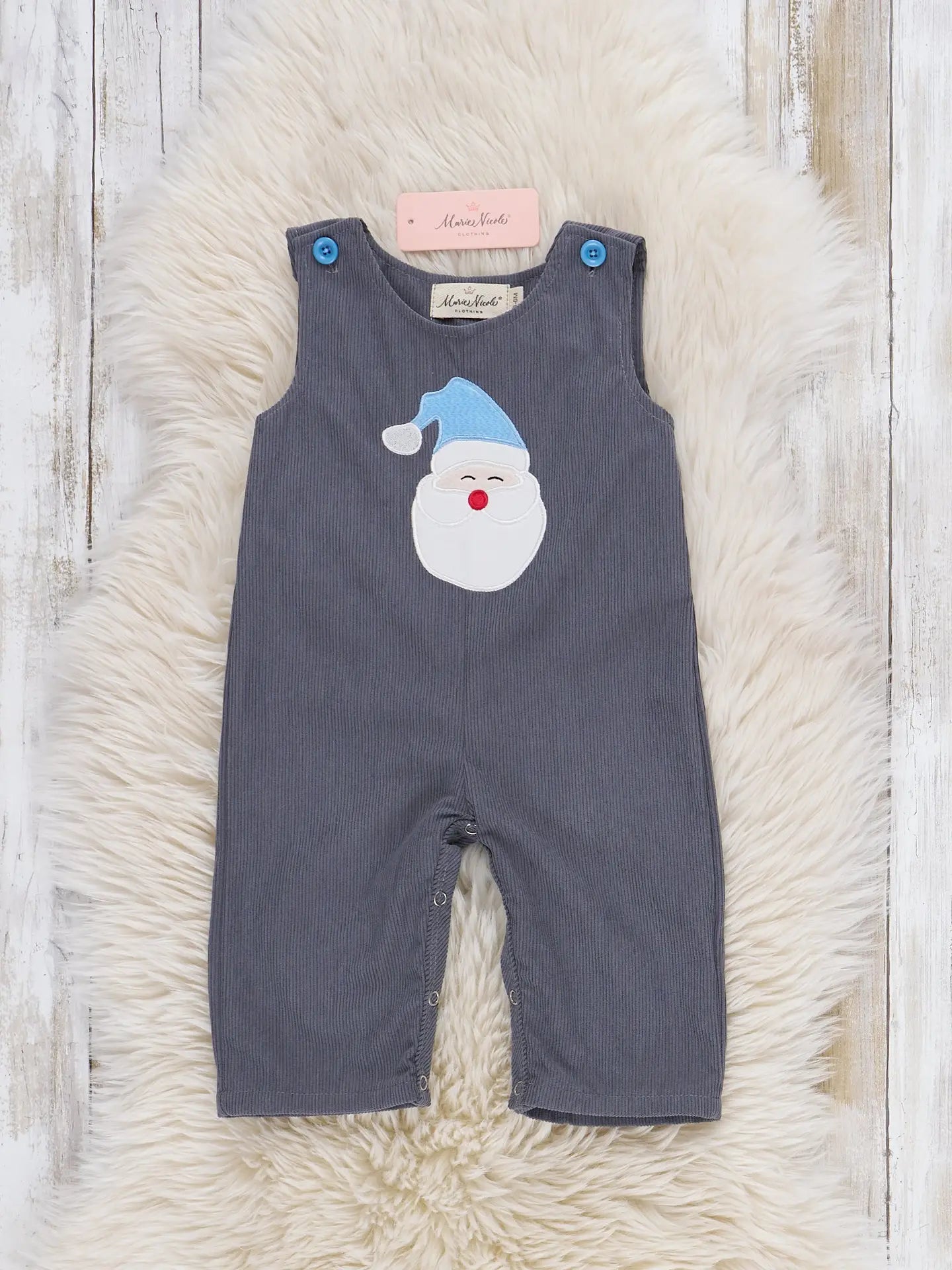 Blue Santa Stripes Embroidered Overall Romper Set