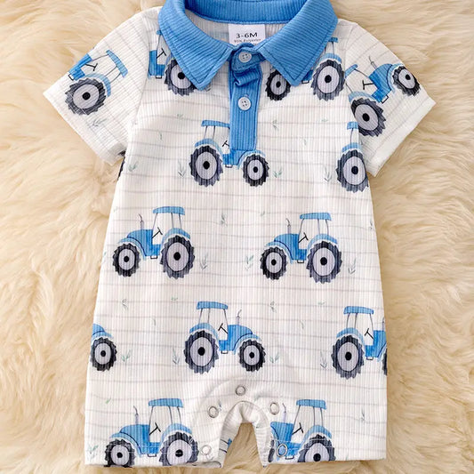 Tractor & Striped Baby Romper with snaps