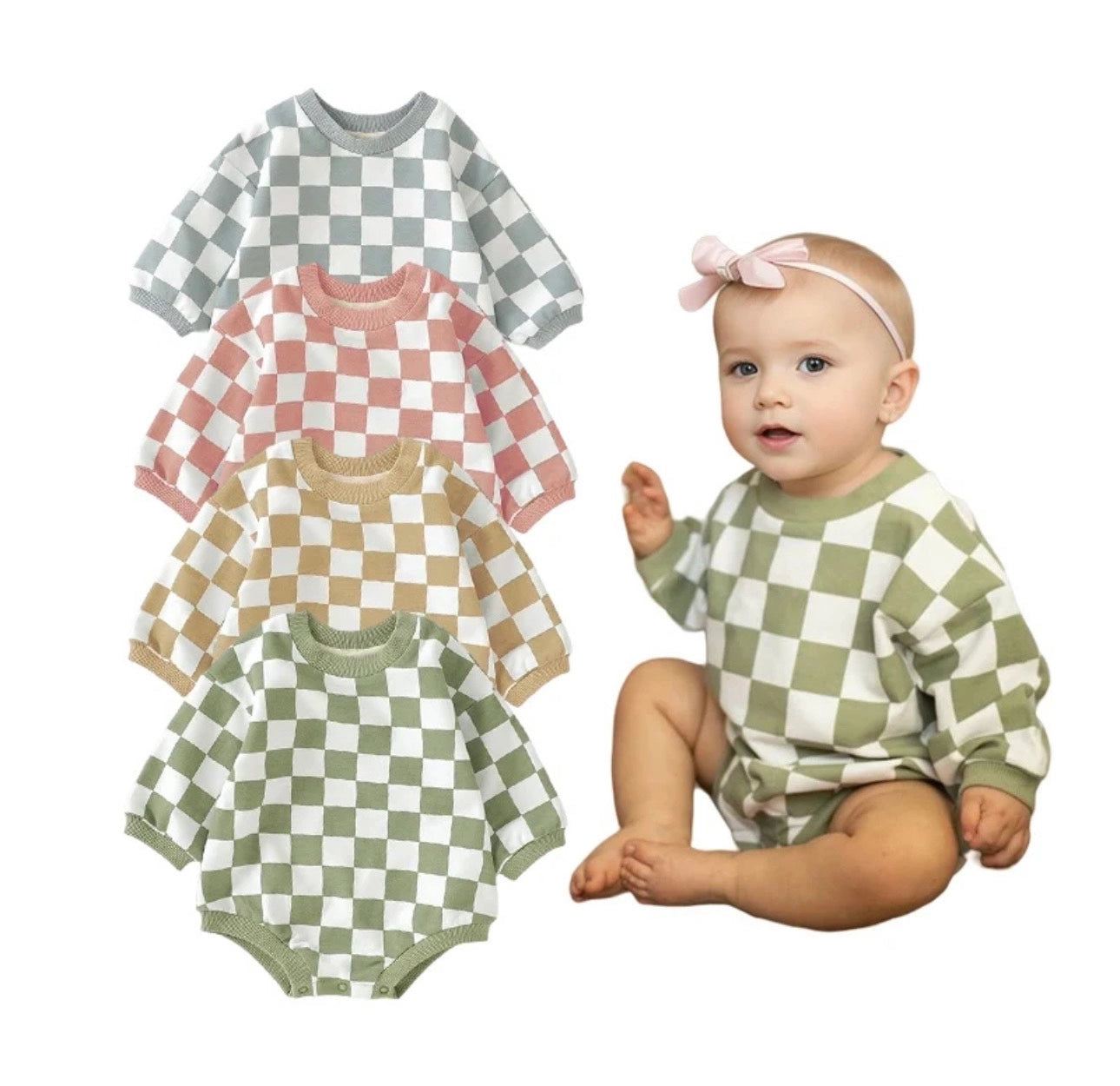 Checkered Baby Bubble Romper available in two color options