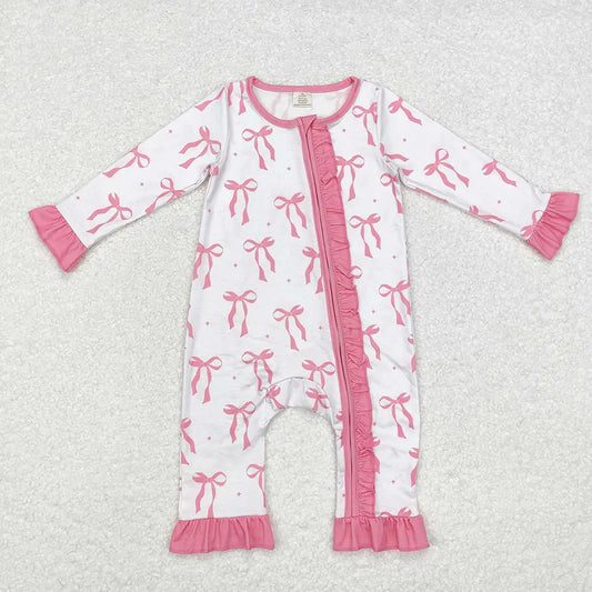 Baby Infant Girls Pink Bows Ruffle Bamboo Zip Rompers
