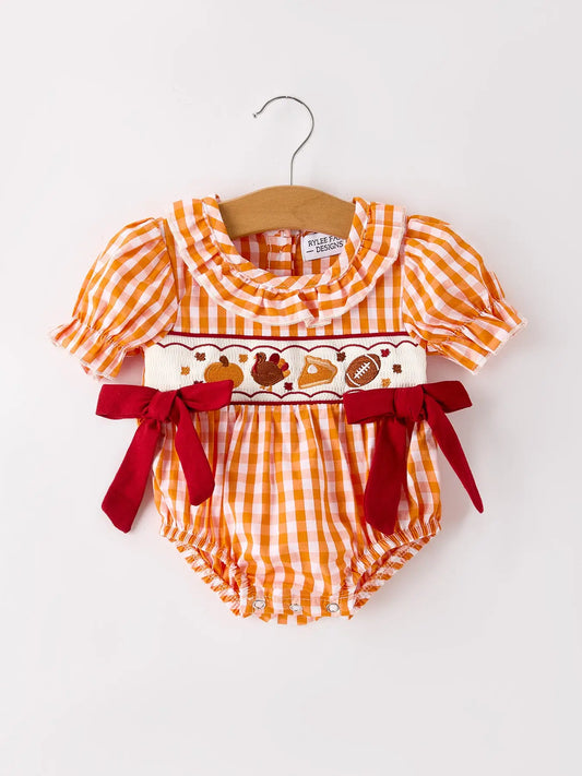 Fall Embroidered Romper For Baby Girls – Orange Checkered with Thanksgiving Details