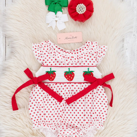 Polka Dot Strawberry Smocked Bubble