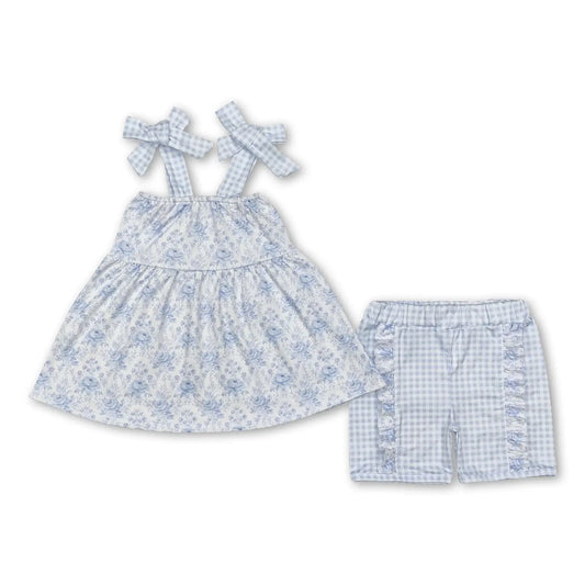Light Blue Plaid Straps Floral Tunic Shorts Girls Clothes