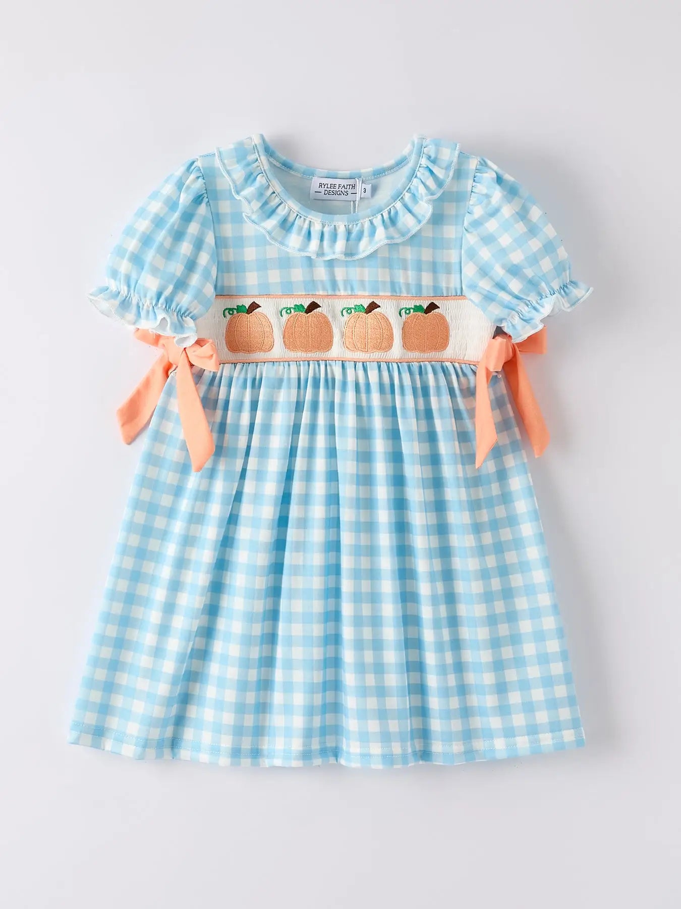 Pumpkin Embroidery Smocking Blue Plaid Dress