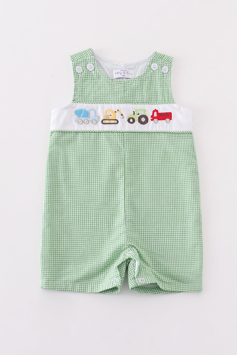 Excavator Embroidery Boy Gingham Romper