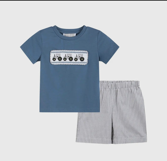 Blue Tractor Smocked Shirt and Gray Shorts Set