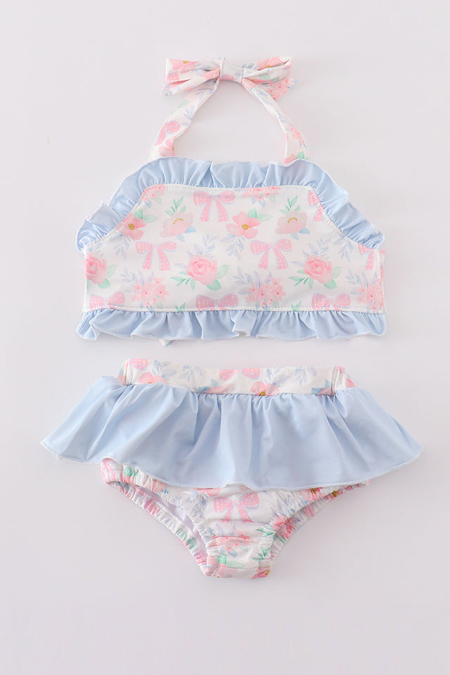 Pink Floral Bow Print 2PC Girl Swimsuit