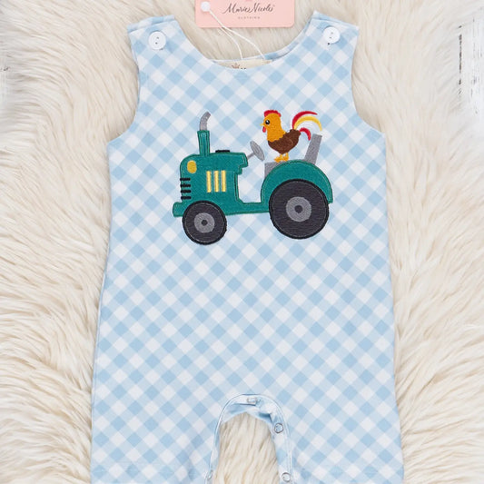 Embroidered Rooster Tractor Gingham Johnny