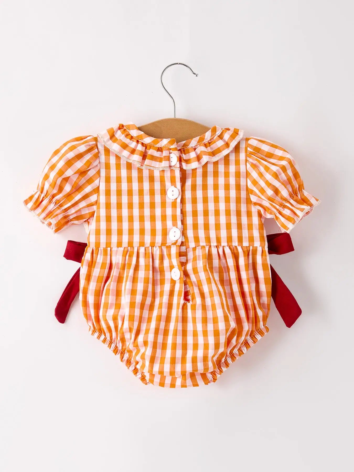 Fall Embroidered Romper For Baby Girls – Orange Checkered with Thanksgiving Details