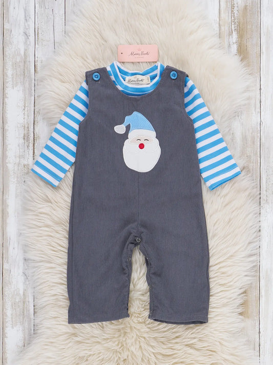 Blue Santa Stripes Embroidered Overall Romper Set