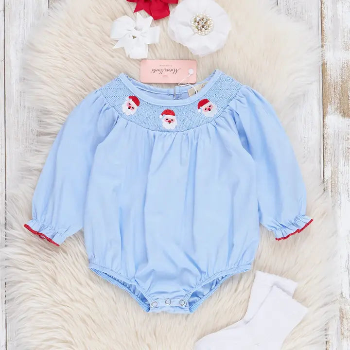 Blue Chambray Smocked Santas Ruffle Bubble